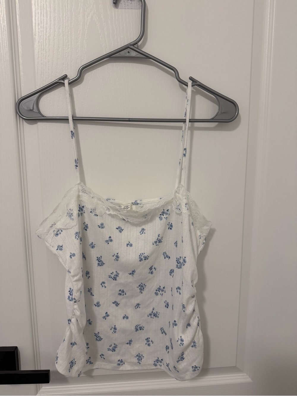 H&M White Cami with Blue Floral Print and Lace Trim